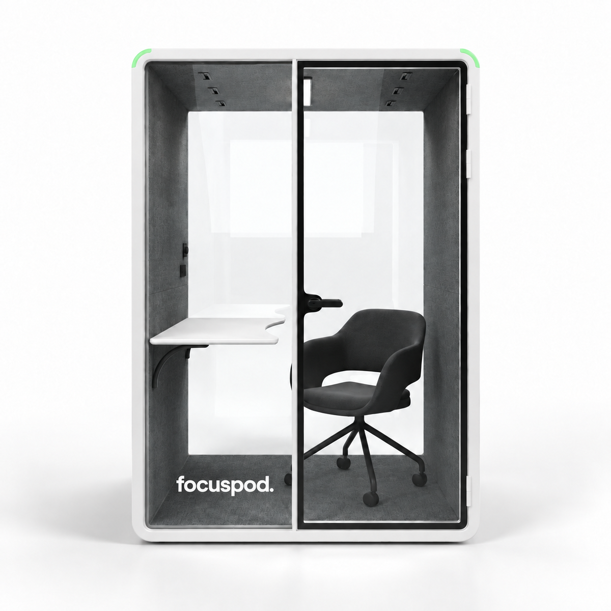 FocusPod Solo Plus front view in Arctic White with optional ergonomic chair and desk, and FocusPod logo on the lower left glass.