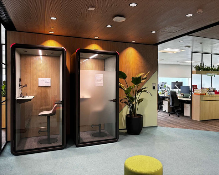 One-person acoustic booth installed in an open-plan office