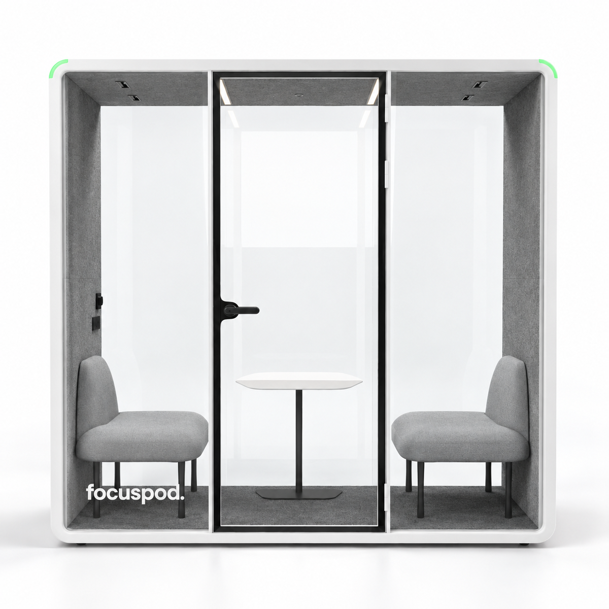 FocusPod Team front studio view with optional two-seat furniture package and low left glass logo.